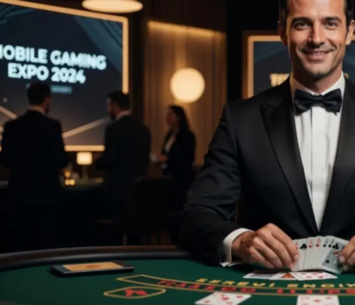Profesjonalny krupier prowadzący rozgrywkę blackjacka przy eleganckim stole.