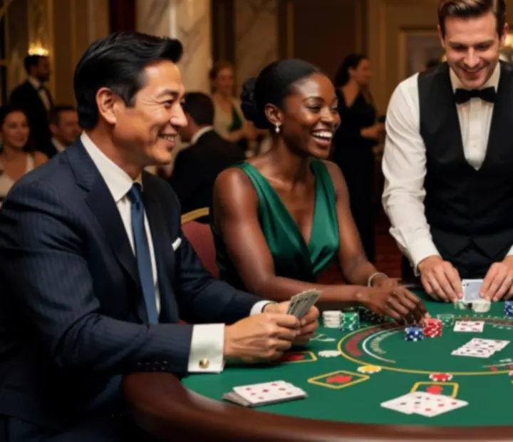 Uśmiechnięci goście przy stole do blackjacka podczas eleganckiego eventu.