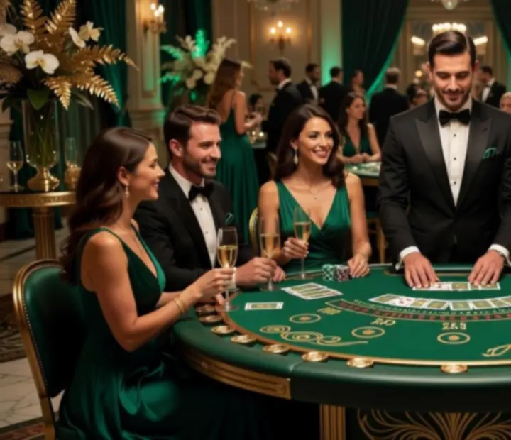 Elegancki stół do blackjacka z kartami i żetonami w nastrojowym oświetleniu.