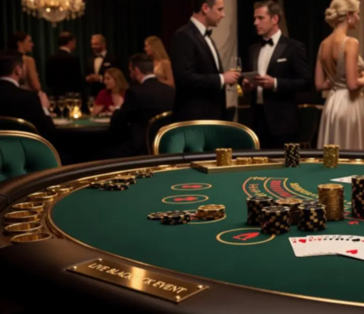 Goście przy eleganckim stole do blackjacka w nastrojowym świetle.