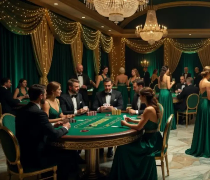Elegancka sala eventowa z luksusowymi stołami do gier i nastrojowym oświetleniem