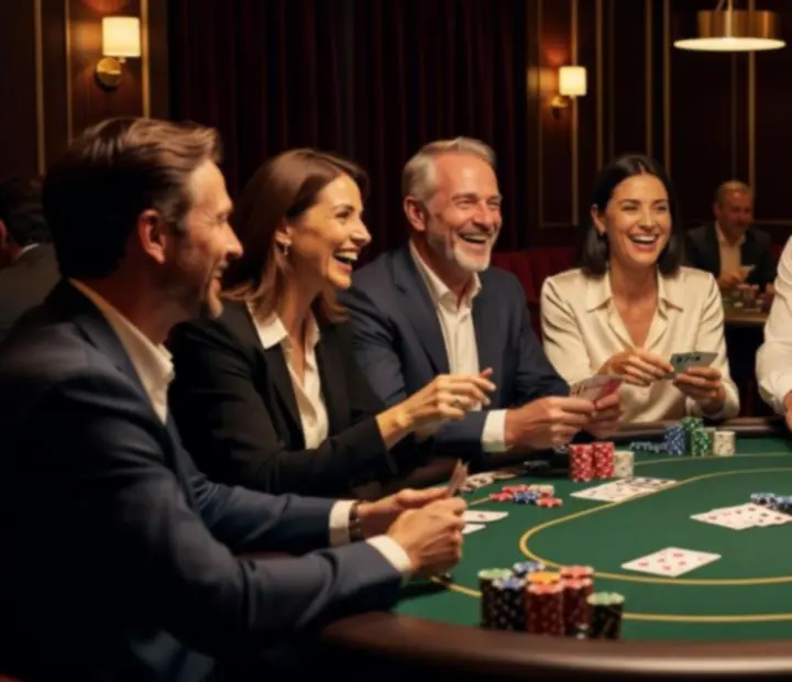 Goście podczas mobilnego wieczoru pokerowego uchwyceni w naturalnej sytuacji