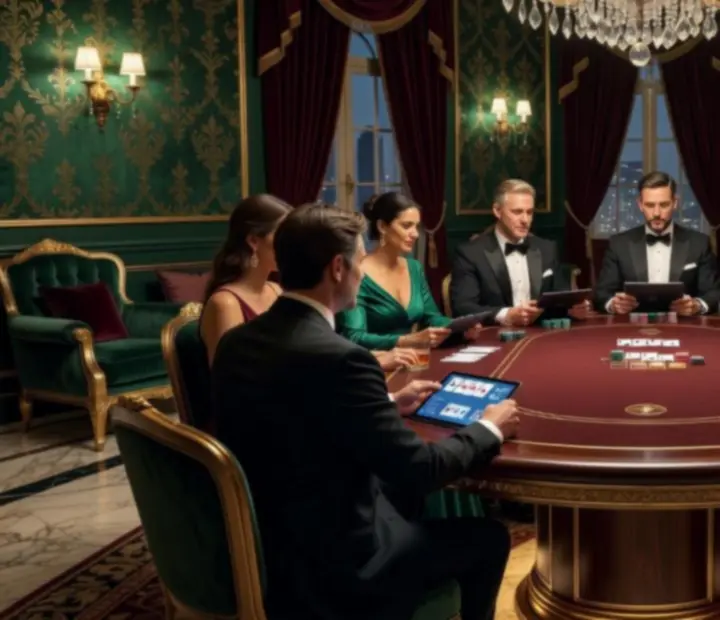 Elegancki mobilny wieczór pokerowy z gośćmi przy oświetlonym stole