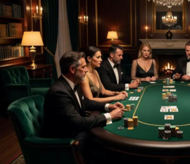 Prywatny wieczór pokerowy w elegancko zaaranżowanej przestrzeni z mobilnym stołem do gry.